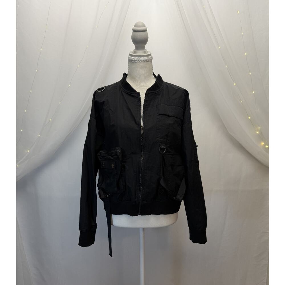 Rue 21 Bomber Jacket Womens Black‎ S L Solid Nylon Cropped Pockets